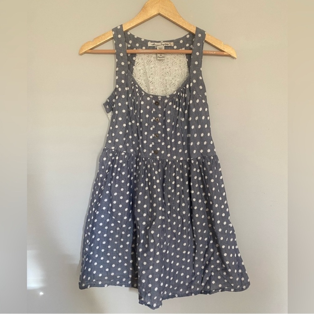 American Rag Chambray and Lace White Polka Dot Blouse Size Medium